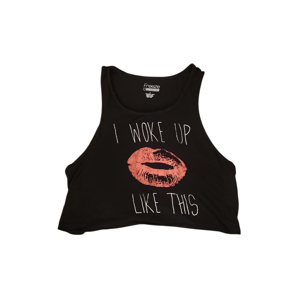Freeze Black I WOKE UP LIKE THIS Tank/Crop Top with Pink Lip Design Size Large